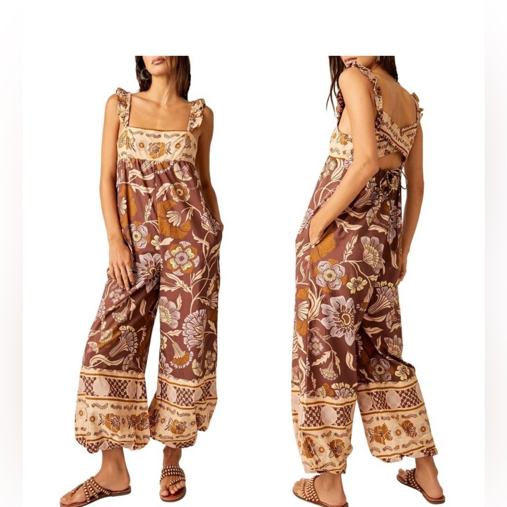 Free People Brown Floral Printed Wide-Leg Jumpsuit, Size L, NWT *SEE NOTE*